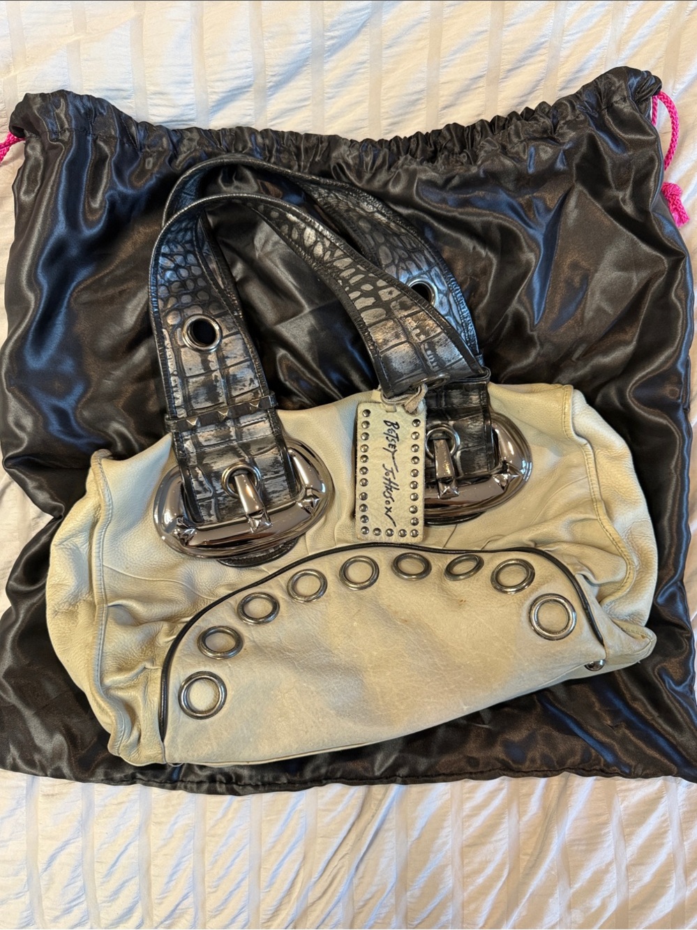 Gray Betsey Johnson Leather Shoulder Bag with Black Croc-Effect Handles